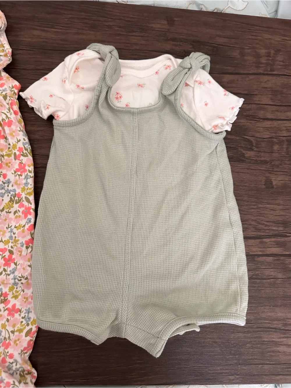 Carter's Sage Green Waffle Romper + Cream Floral Romper